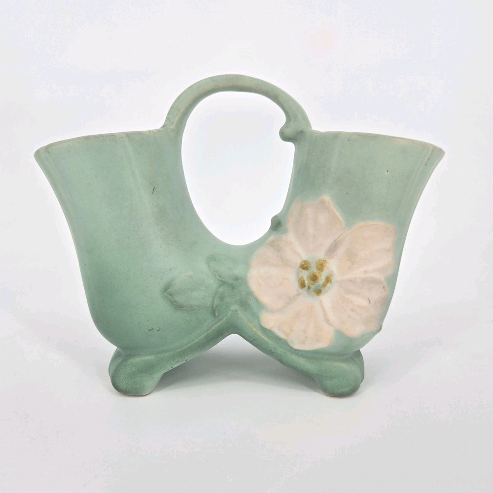 Vintage Weller Wild Rose Double Vase Matte Green Pink Floral Art Pottery 1930s